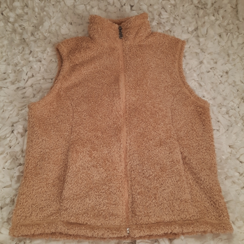 Cabela's Light Camel Teddy Long Vest Mock Neck Zip Up EUC Medium